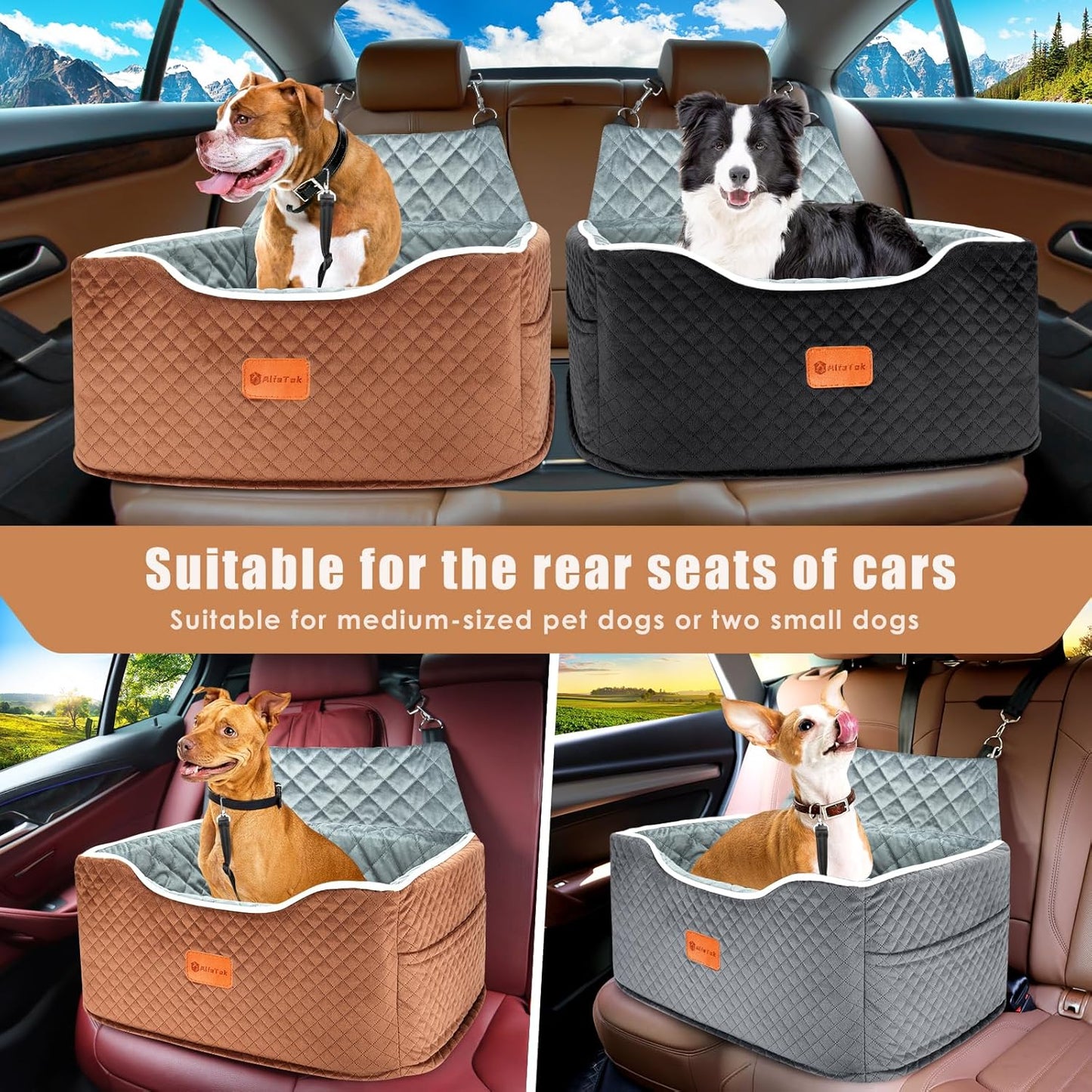 Memory Foam Booster Dog Car Seat for Medium Dogs (Under 45LBS): Elevated, Detachable Washable, Anti-Slip, for Car Back Seat, Travel Pet Bed with Seat Belt