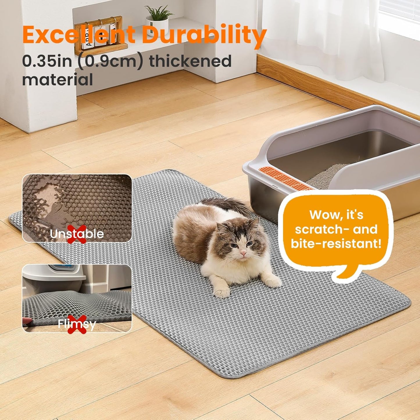 Jumbo Cat Litter Mat, 46x26 Inches Double Layer Honeycomb Litter Trapping Mat, Non Slip Waterproof Urine Proof Extra Large Cat Litter Box Mat, Kitten Supplies and Essentials, XXL, Gray