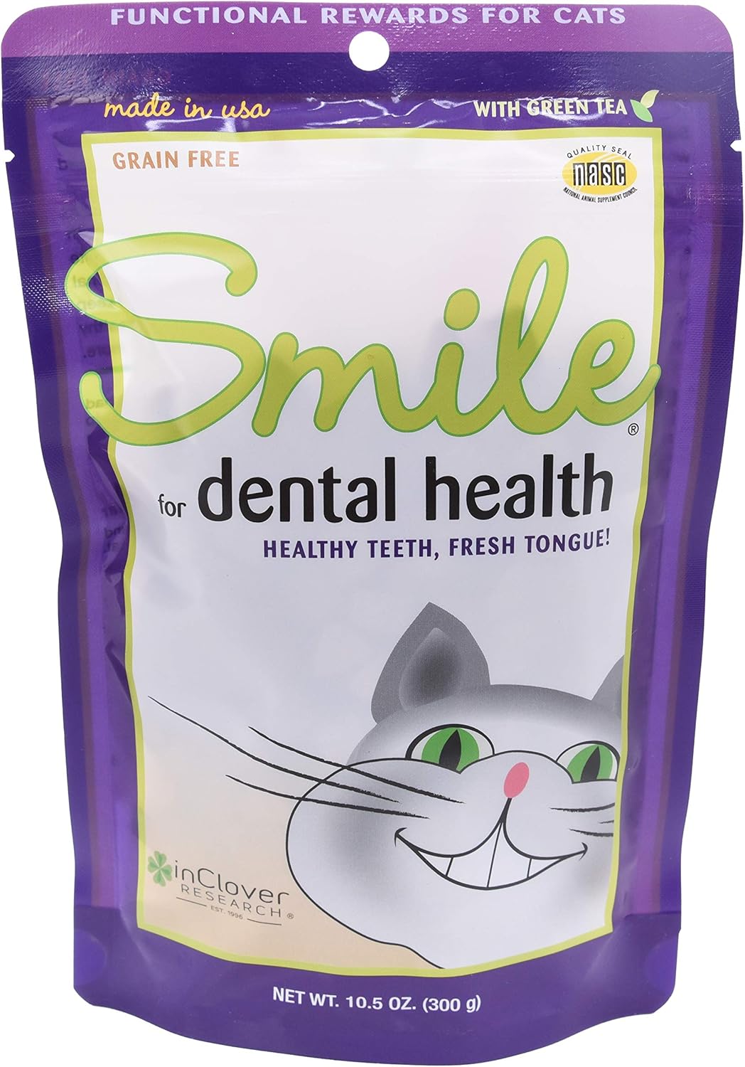 In Clover Smile Daily Dental Health Soft Chews for Cats, Support Healthy Teeth and Fresh Tongue with Catnip and Green Tea, Prebiotics, and Chlorophyll for Fresh Breath, 10.5 oz