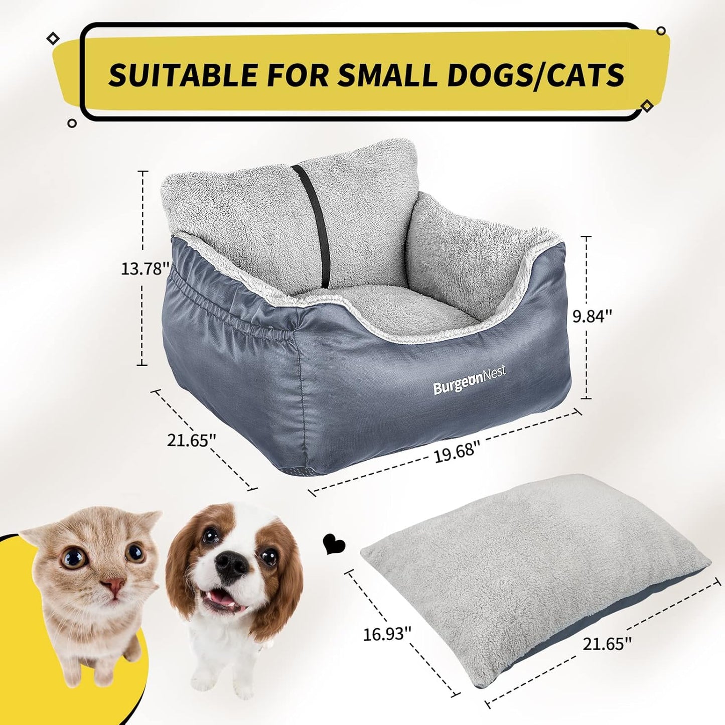 BurgeonNest Dog Car Seat for Small Dogs, Washable Soft Booster Seats for Small Pets Under 25 lbs, Portable Cat Carseat Travel Bed with Storage Pockets and Clip-On Leash, Grey