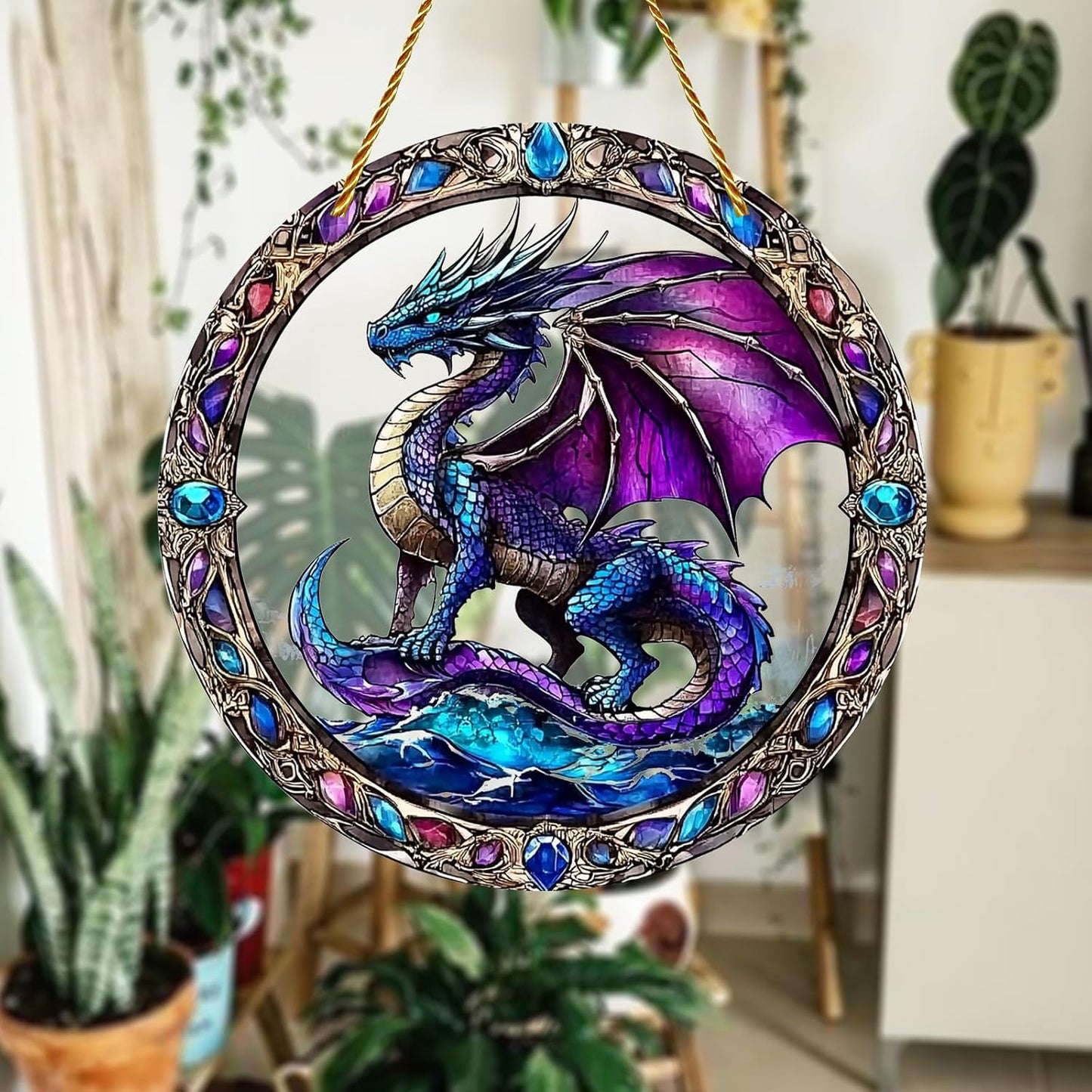 8x8 inch Charming Dragon Acrylic Stained Glass Window Hanging Sun Catcher Decor Stained Panel Hangings Wall Art Decor, for Friends and Family (Dragon)