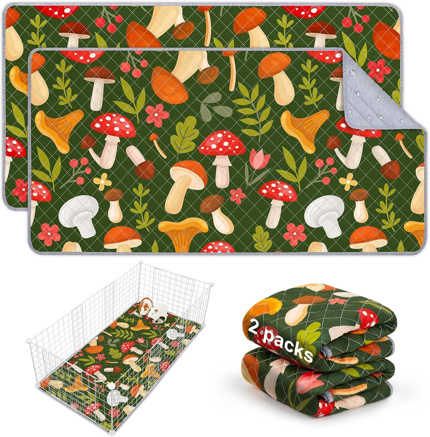 Bienbee Guinea Pig Bedding, 2 Pack 47" x 24" Reusable Guinea Pig Cage Liner Waterproof and Absorbent Small Animal Bedding Washable Guinea Pig Pee Pads for Small Pet Hamster Rabbit Squirrel, Mushroom