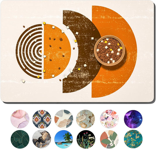 Dog Food Mat, 12" x 19" Absorbent Dog Cat Bowl Mat for Food and Water, Cute Anti-Slip Rubber Pet Feeding Rug Protect Floors Washable Placemat for Feeding & Watering Supplies, Modern Circle Art