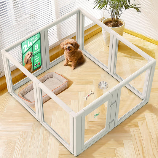 FXW AuraSpace Acrylic Indoor Unleashed Dog Playpen for Puppies and Small Dogs, 24 Inch, 8 Panels, White