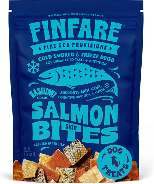 Finfare Freeze Dried Dog Treats, Salmon Skin Bites, Protein & Omega-3s, Grain Free Salmon Dog Training Treats, Crafted in USA, 2oz