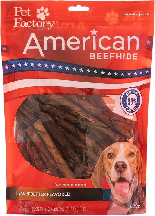 Pet Factory American Beefhide 5" Twist Sticks Dog Chew Treats - Peanut Butter Flavor, 1 lb