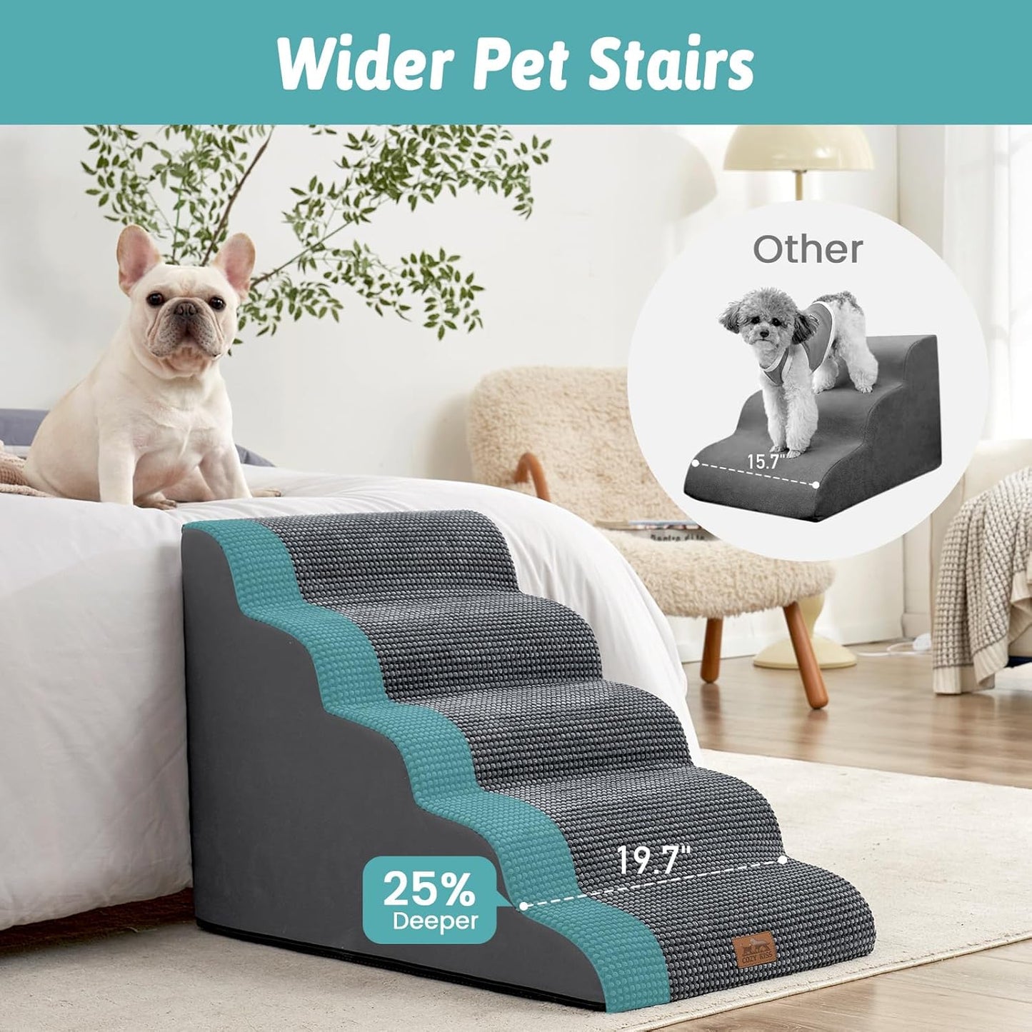 Extra Wide Dog Stairs 19.7" Width, Large Pet Step for Small Medium Dog, Puppy or Cat, Ramp for High Bed or Car, High Density Foam Ladder, Stable, 5 Step, 19.7x33x22.4 in, Charcoal Grey
