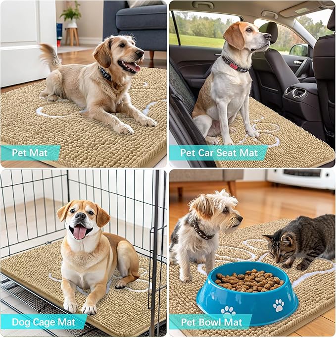 OLANLY Door Mat for Muddy Dog Paws 48x30, Ultra Absorbent Chenille Mud Doormat with Paw Print Design, Non-Slip Washable Doormat for Indoor Entryway, Quick-Dry Pet Bed Mats for Dirty Dogs, Beige