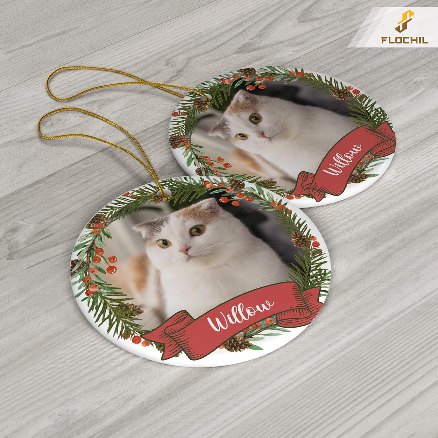 FLOCHIL Personalized Cat Christmas Ornaments Custom Photo Name for Christmas Trees, Cat First Christmas Ornaments, Gifts for Pet Lovers