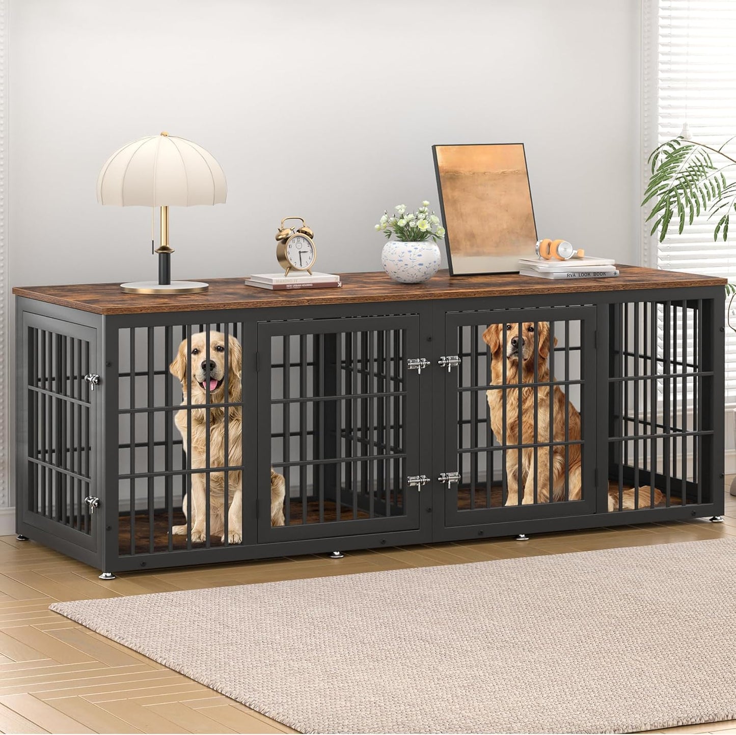 78 Inch Double Dog Crate Furniture, Heavy Duty Extra Large Cage Furniture with Divider for 2 Dogs, Decorative Wooden Kennel Furniture Indoor, Metal Pet House for Large and Medium Dogs