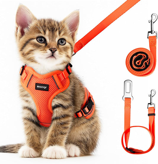 Cat Harness and Leash for Walking Escape Proof Soft Adjustable Cat Leash Breathable Comfortable Vest Easy to Wear Kitten Harness for Outdoor Travel, Orange, XS