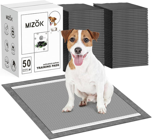 MIZOK Pee Pads for Dogs 23X24in Dog Pee Pads, Charcoal Odor Eliminating Wee Wee Pads for Dogs Absorbs Up to 4 Cups Urine, 6 Layers Leak-Proof Puppy Pads (50 Counts)
