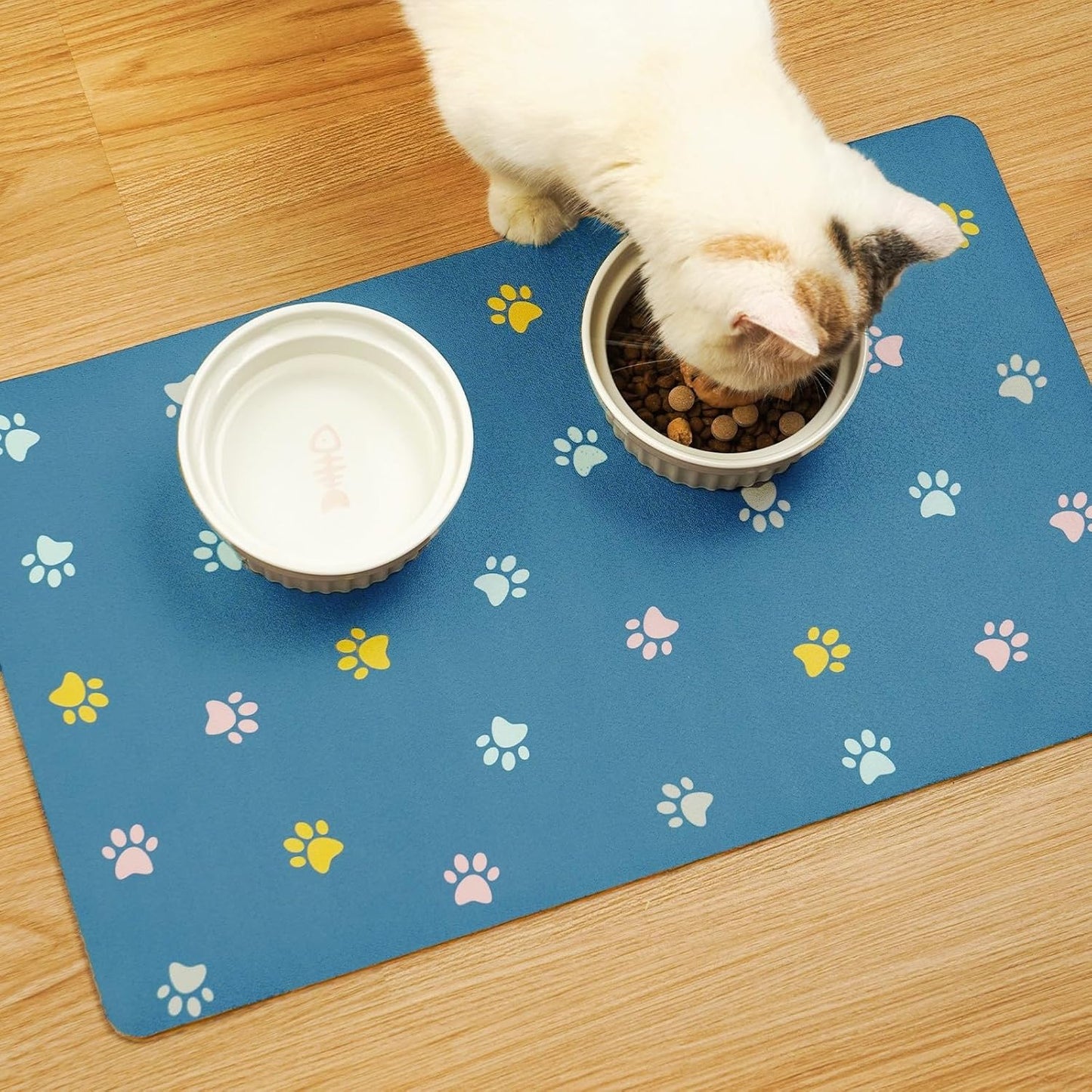 Cat Food Mat Absorbent Dog Mat for Food and Water Non Slip Quick Dry Dog Bowl Mats for Floors 19" X 12" Paw Lake Blue