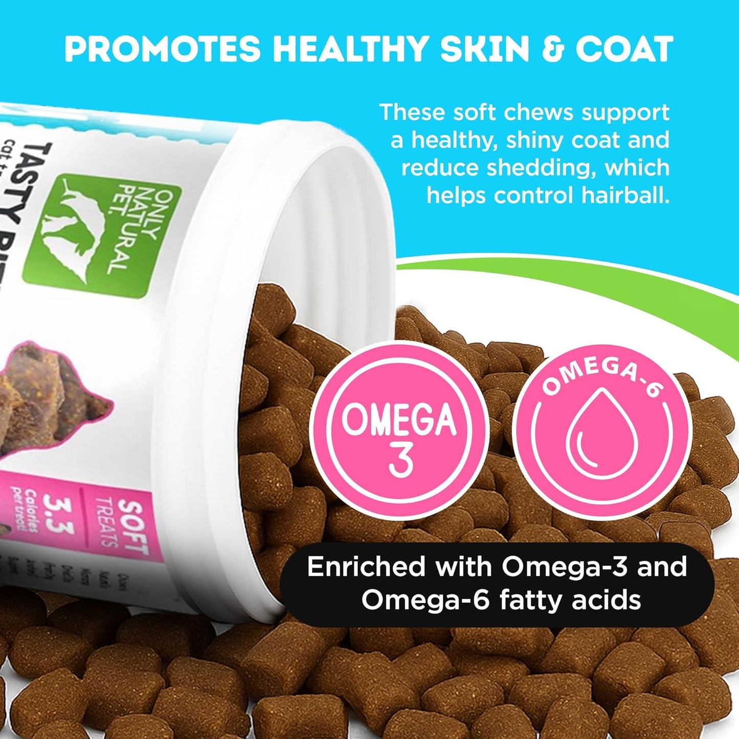 Only Natural Pet Hairball Care - Healthy Skin and Coat Support - Soft Chews for Cats – Digestive Supplement with Flaxseed, Psyllium Husk and Corn Silk – Chicken and Liver Flavor – 60 Count