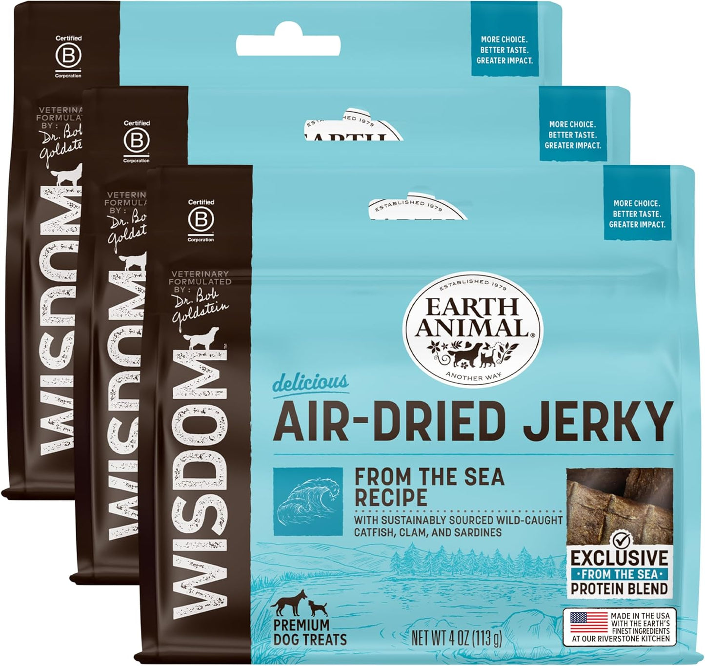 Earth Animal Wisdom Air-Dried Jerky from The Sea Recipe | Dog Treats | Dog Snacks | Premium Natural Fish Jerky Strips | 4 oz |Made in The USA (Pack of 3)