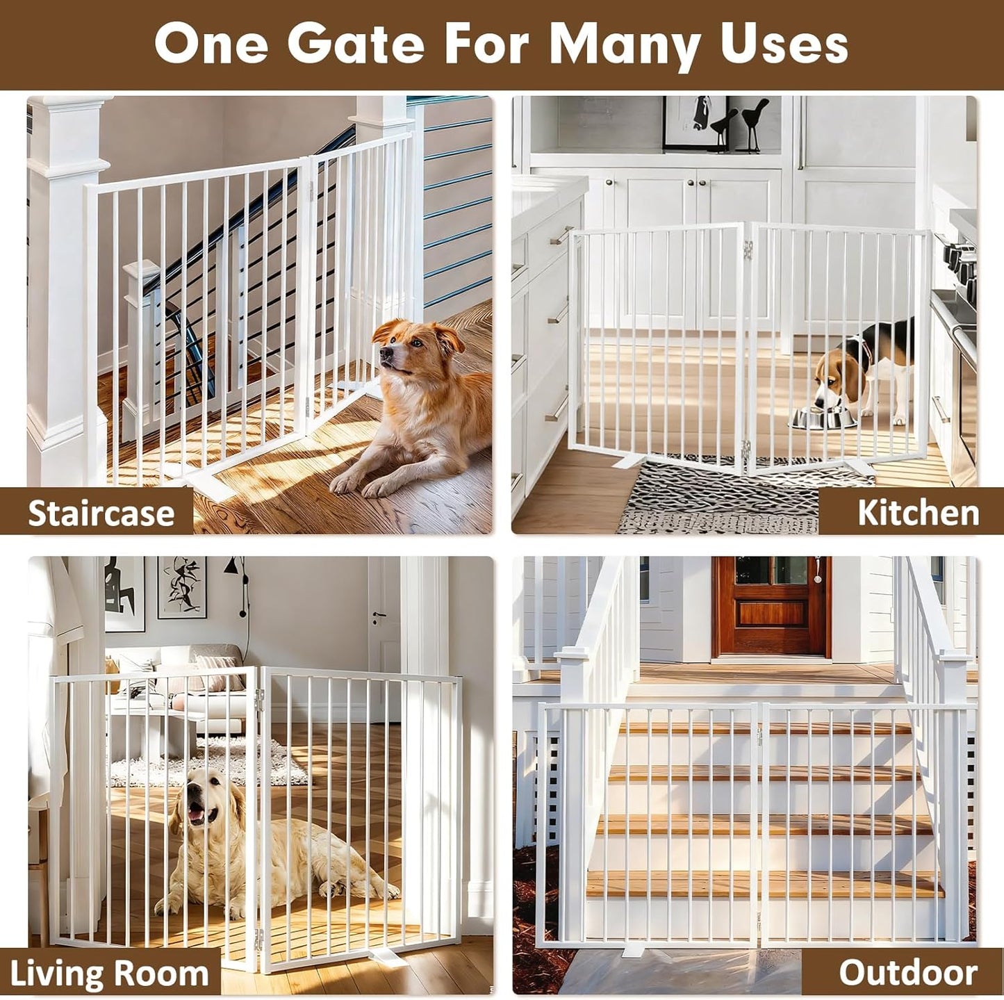 52" Dog Gate Extra Wide, Heavy Duty Metal Freestanding Dog Gate with Door for Indoor & Outdoor, Foldable Pet Fence for Stairs, Doorways,House,Porch,Deck,Yard, Auto Close(2 Panels,White)