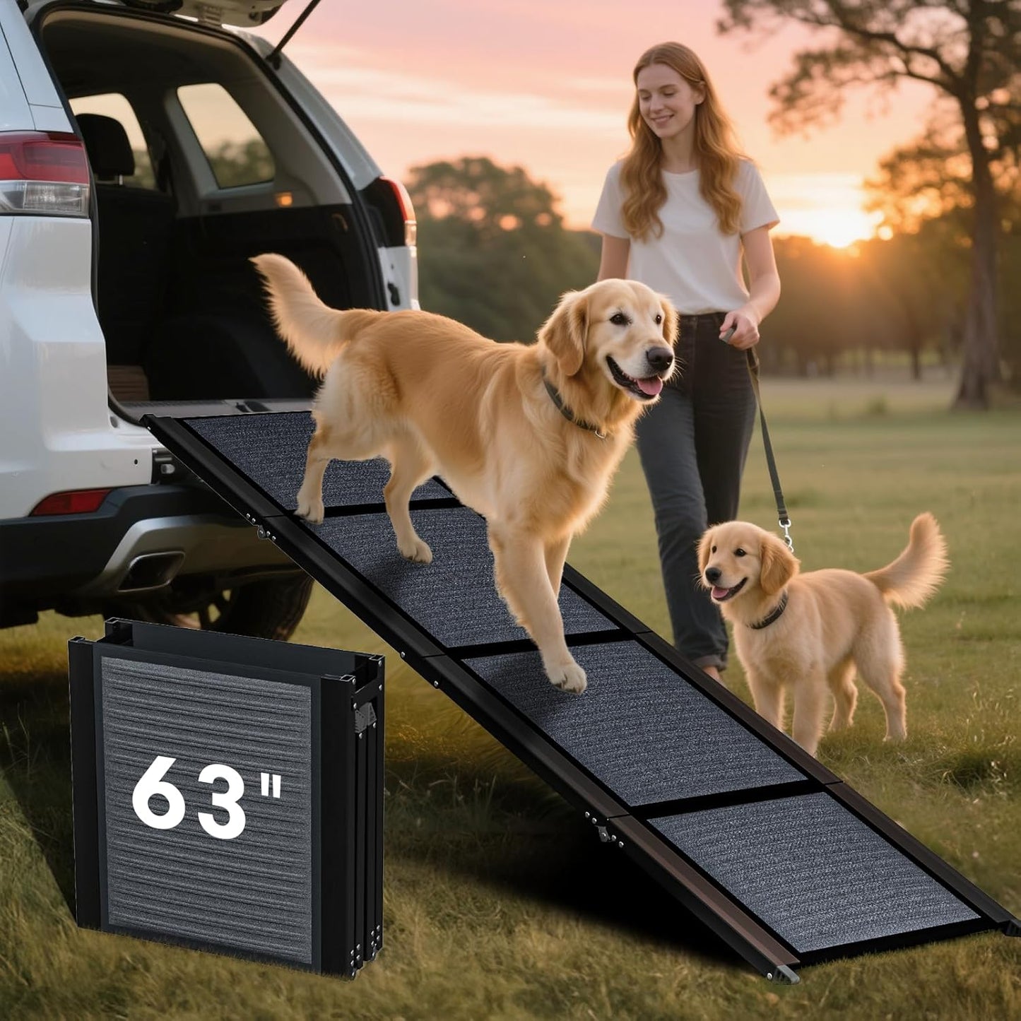 HBTower 63" Long & 17.3" Wide Folding Dog Ramp for Car, SUV & Truck – Portable Pet Ramp with Non-Slip Surface, Extra Wide Steps for Large Dogs Up to 250LBS
