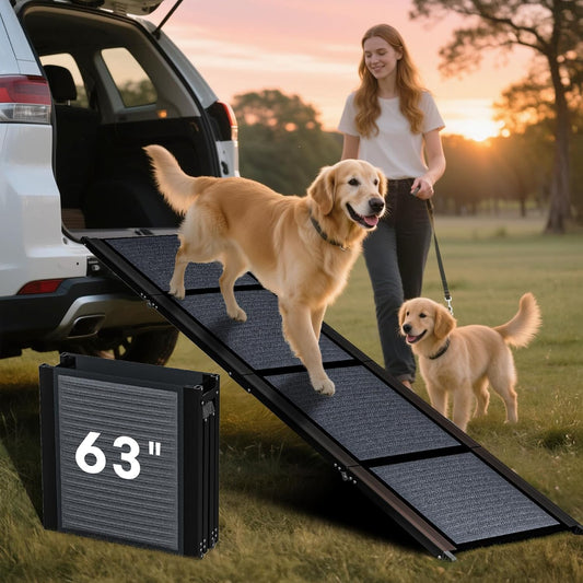 HBTower 63" Long & 17.3" Wide Folding Dog Ramp for Car, SUV & Truck – Portable Pet Ramp with Non-Slip Surface, Extra Wide Steps for Large Dogs Up to 250LBS