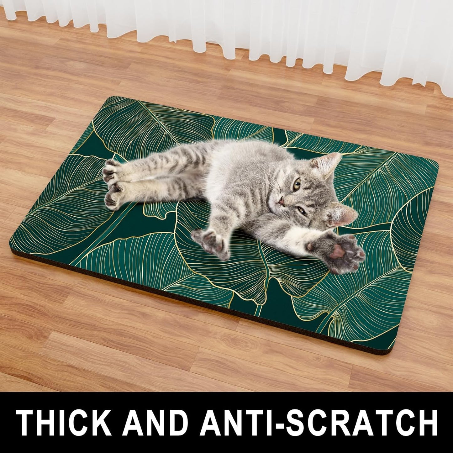 Dog Food Mat, 12" x 19" Absorbent Dog Cat Bowl Mat for Food and Water, Cute Anti-Slip Rubber Pet Feeding Rug Protect Floors, Placemat for Feeding & Watering Supplies, Tropical Palm Leaves