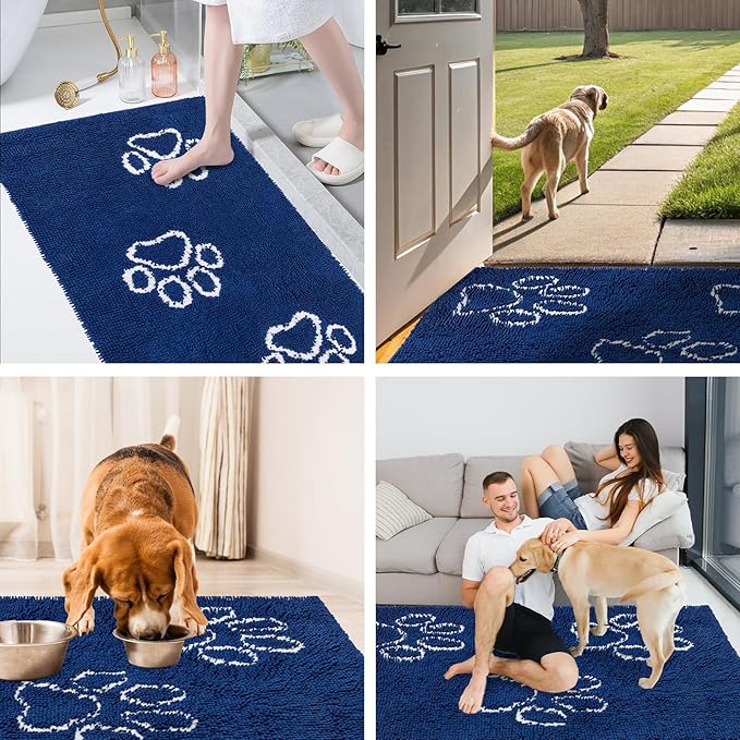 EXPAWLORER Dog Door Mat - Highly Absorbent Microfiber Rug, Soft Chenille, Non-Slip Large Pet Paw Cleaning, Washable Mud Mat for Indoor Outdoor Floor, Blue