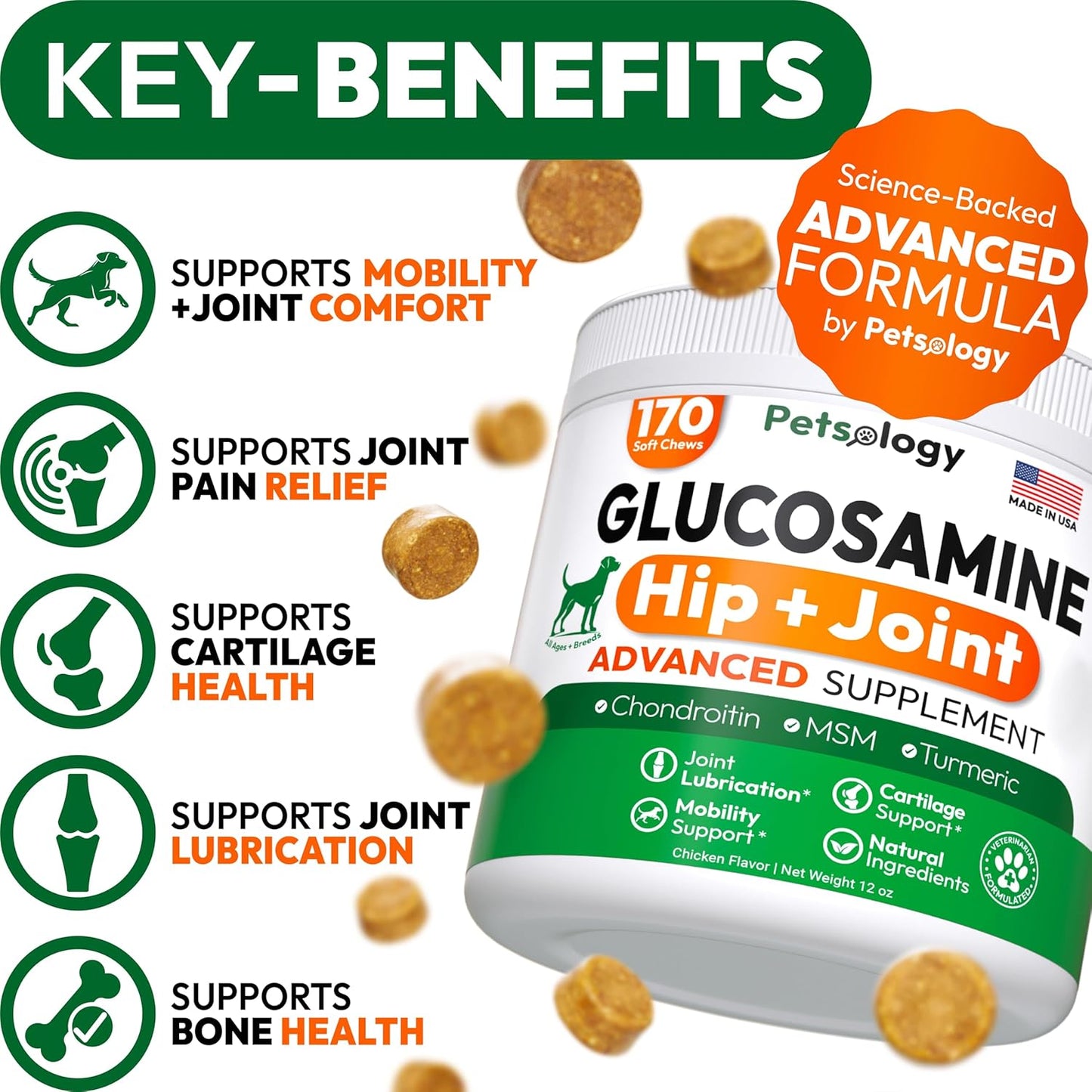 Glucosamine for Dogs - Hip and Joint Supplement for Dogs - 170 Mobility Chews - Glucosamine Chondroitin - MSM - Turmeric - Joint Pain Relief - Advanced Support for Dog Health - Made in USA