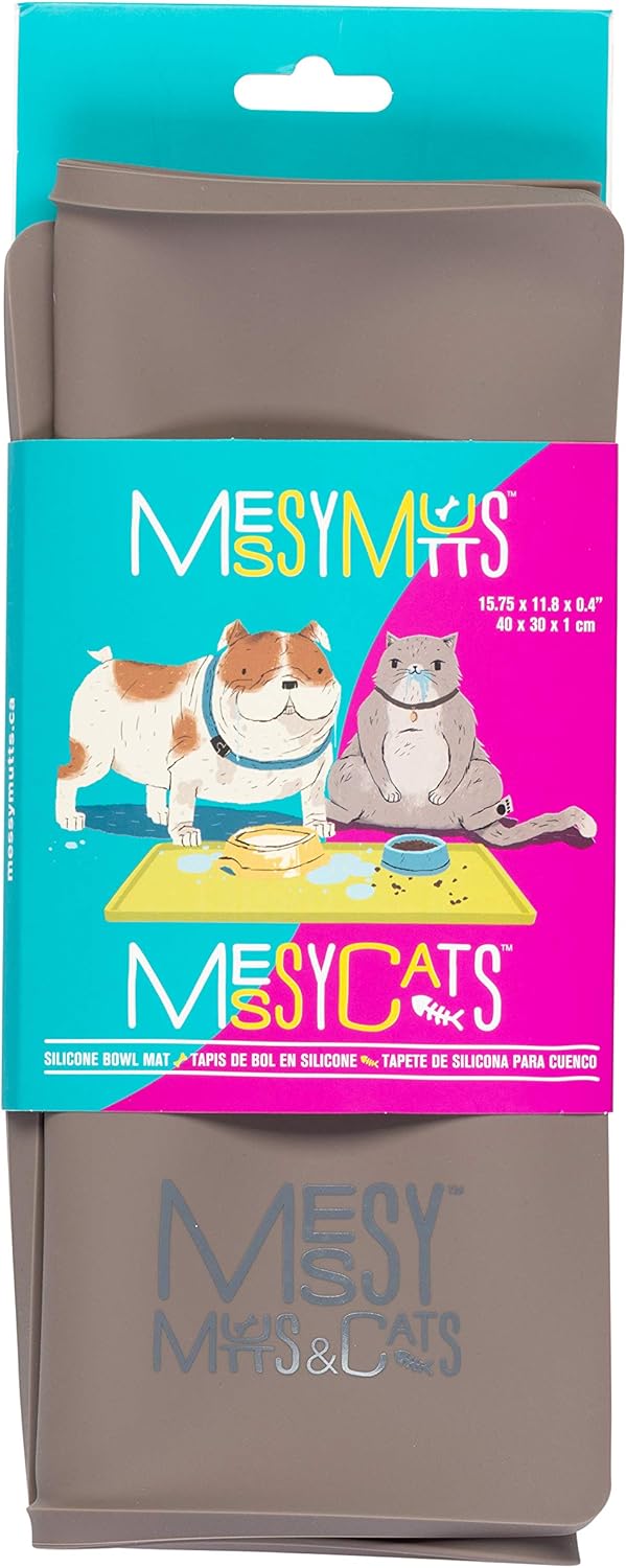 Messy Mutts & Cats Silicone Non-Slip Pet Bowl Mat with Raised Edge | 16” x 12” Dog/Cat Bowl Mat with Spill-Proof Lip | Grey