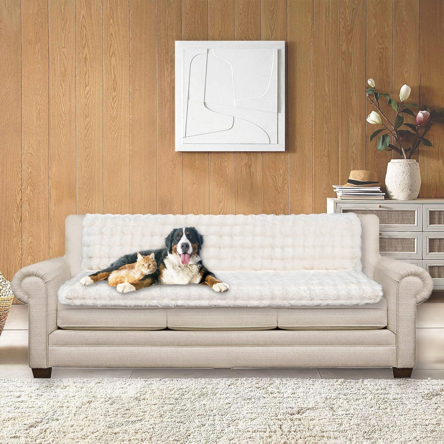 Dogs/Cats Bed Mats, Dog Pad Washable Removable Couch Cover with Anti-Slip Back, Plush Long Fur Mat, Perfect for Small, Medium and Large Dogs.(White-Bubble, 68"x82")