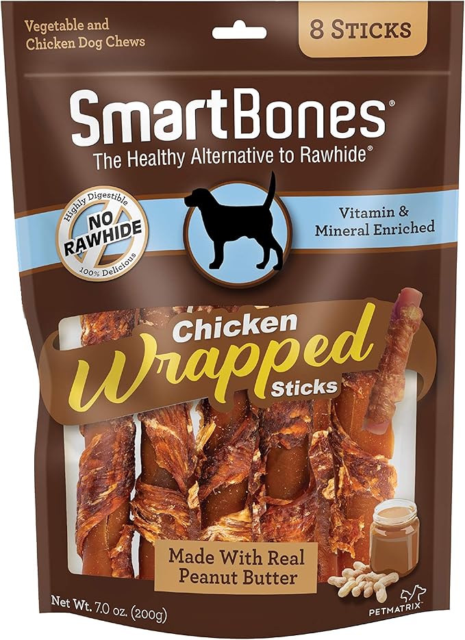 SmartBones Chicken-Wrapped Sticks, Treat Your Dog to a Rawhide-Free Chew Made With Real Chicken and Peanut Butter 8 Count (Pack of 1)