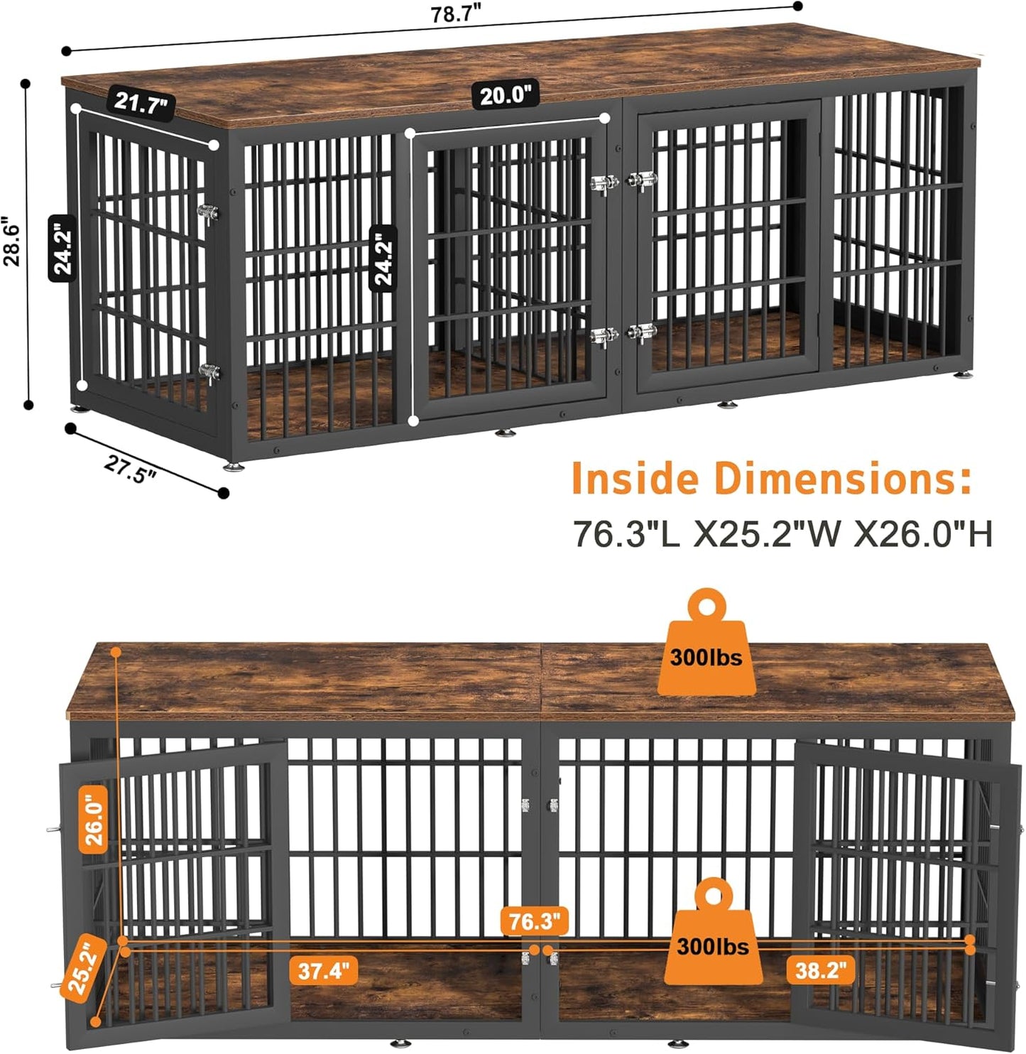 78 Inch Double Dog Crate Furniture, Heavy Duty Extra Large Cage Furniture with Divider for 2 Dogs, Decorative Wooden Kennel Furniture Indoor, Metal Pet House for Large and Medium Dogs