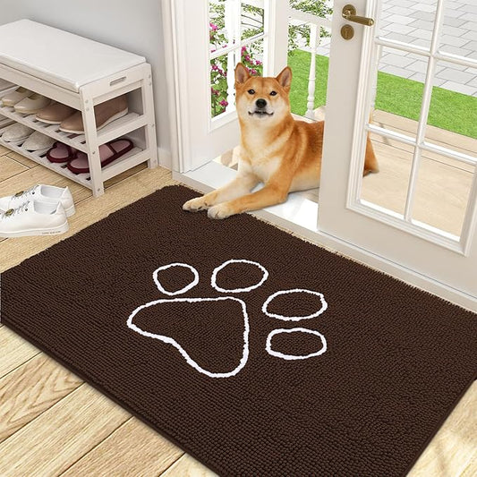 OLANLY Door Mat for Muddy Dog Paws 48x30, Ultra Absorbent Chenille Mud Doormat with Paw Print Design, Non-Slip Washable Doormat for Indoor Entryway, Quick-Dry Pet Bed Mats for Dirty Dogs, Brown