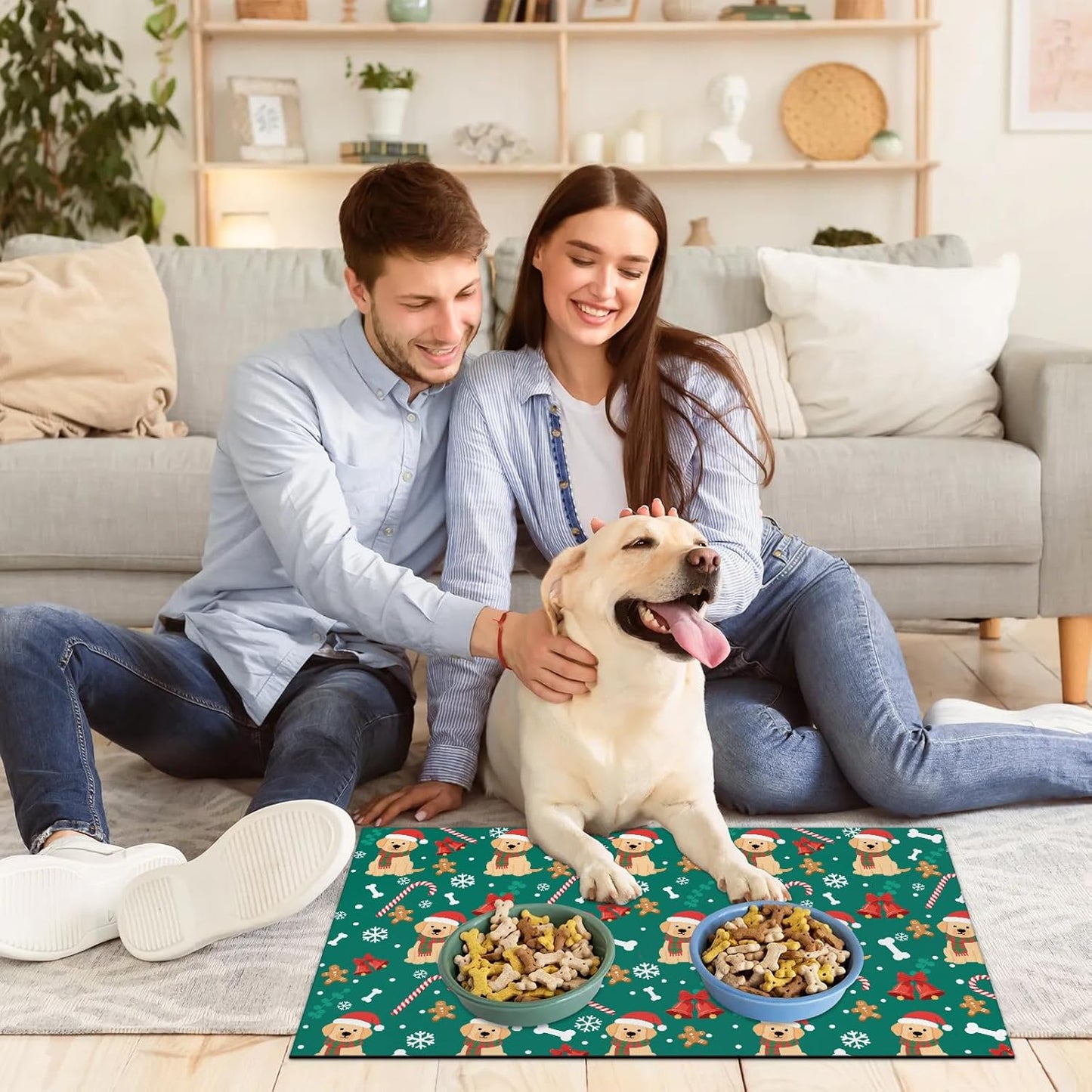Dog Food Mat Absorbent Dog Cat Bowl Mat for Food and Water, Quick Dry Pet Feeding Placemats Non-Slip Feeding Mats Pet Supplies, Christmas Puppy, 24" x 32"