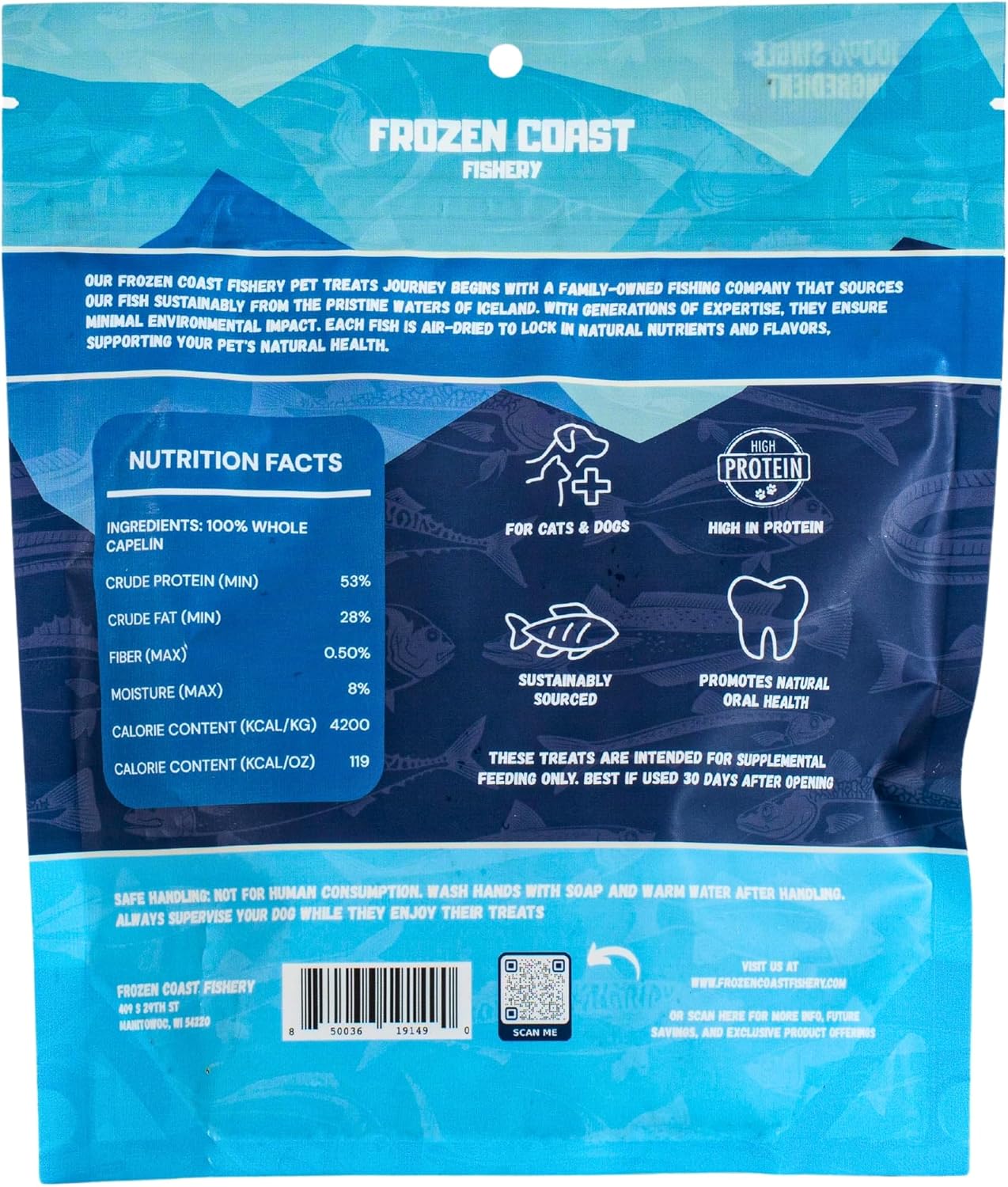 Frozen Coast Capelin Cat & Dog Treats- Single-Ingredient, All-Natural, High-Protein, Omega-3s, Fish Snacks (3 oz Bag)