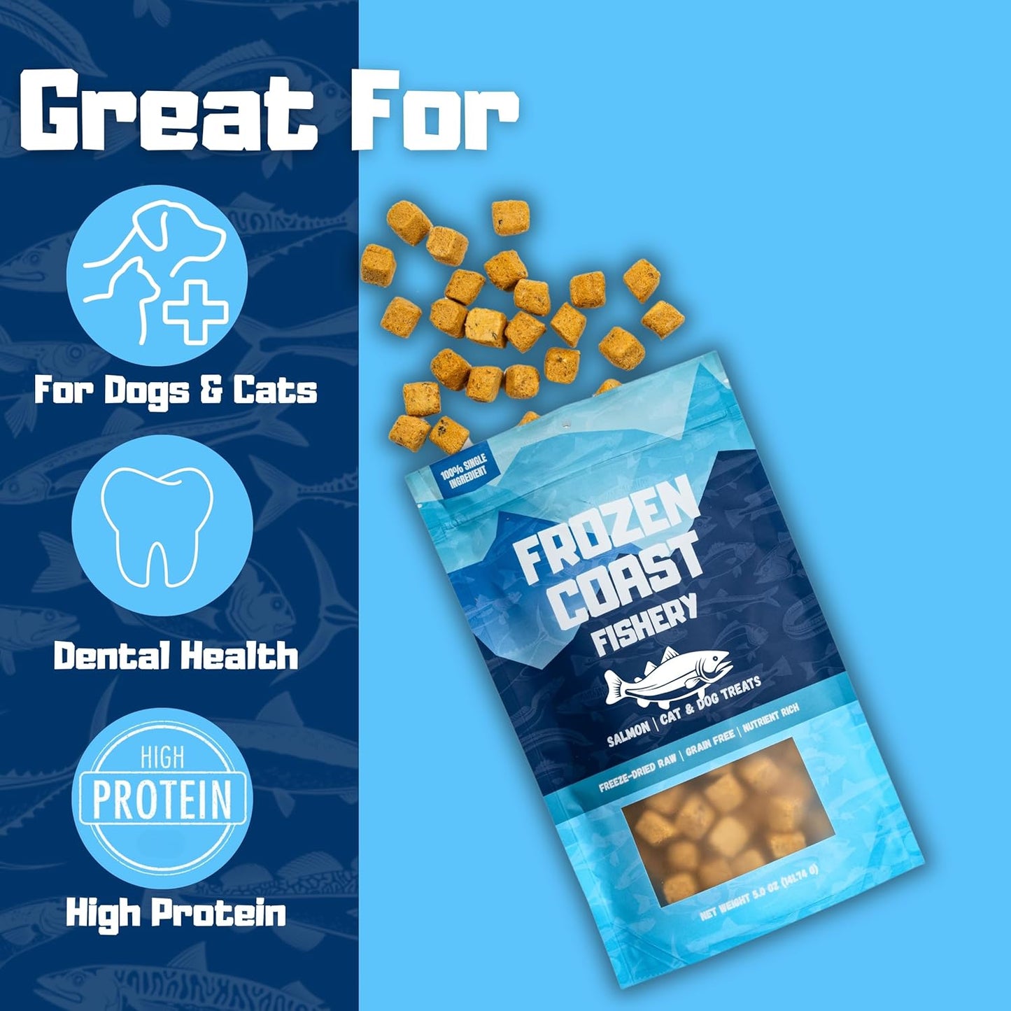 Frozen Coast Freeze-Dried Wild-Caught Salmon Cat & Dog Treats-High-Protein, Omega-3, Grain-Free (5 oz Bag)