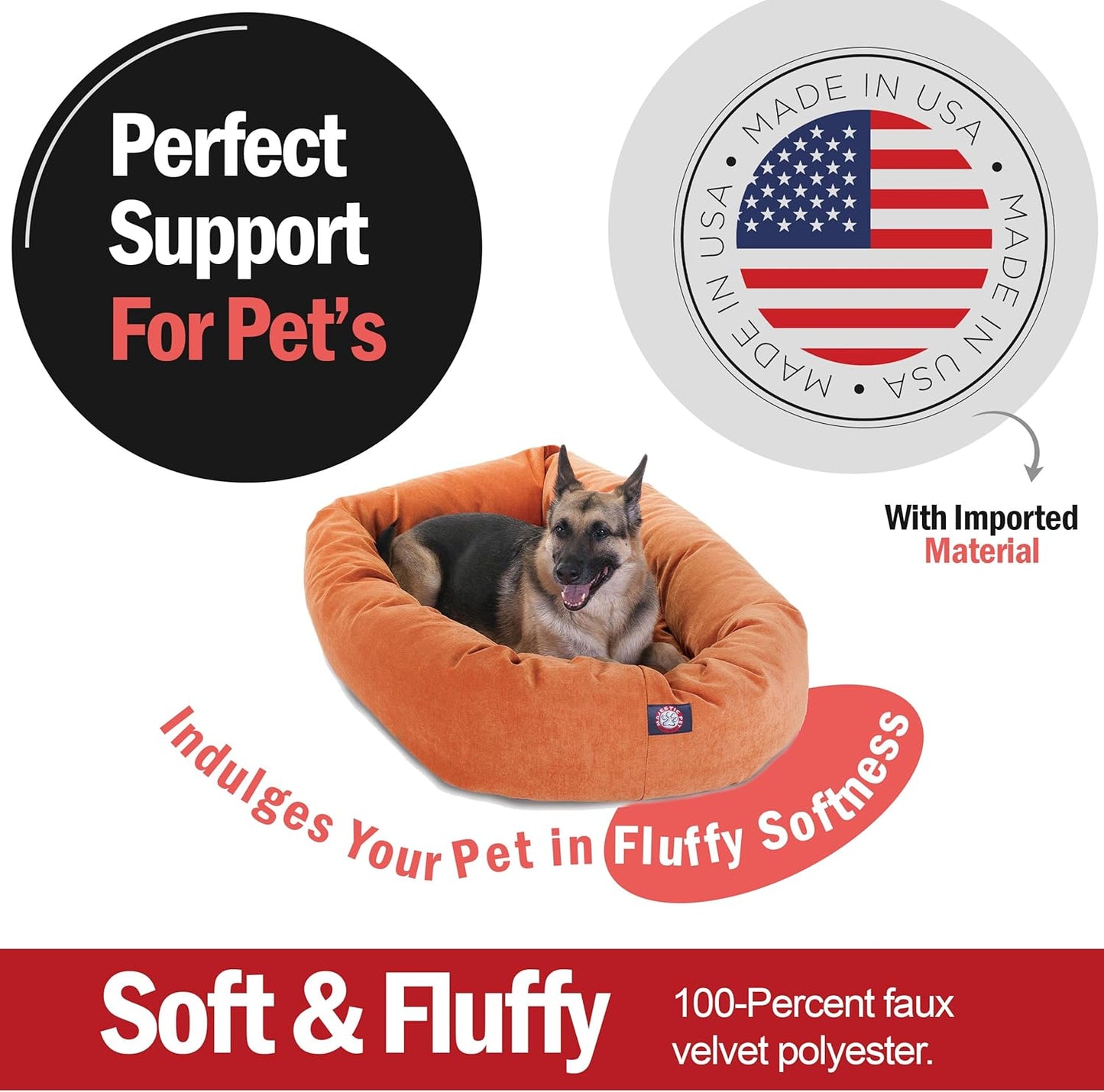 Majestic Pet 52 Inch Micro Velvet Calming Dog Bed Washable 52x35x11 (inch) – Cozy Soft Round Donut Dog Bed with Spine for Head Support - Pet Bed X- Large – Orange