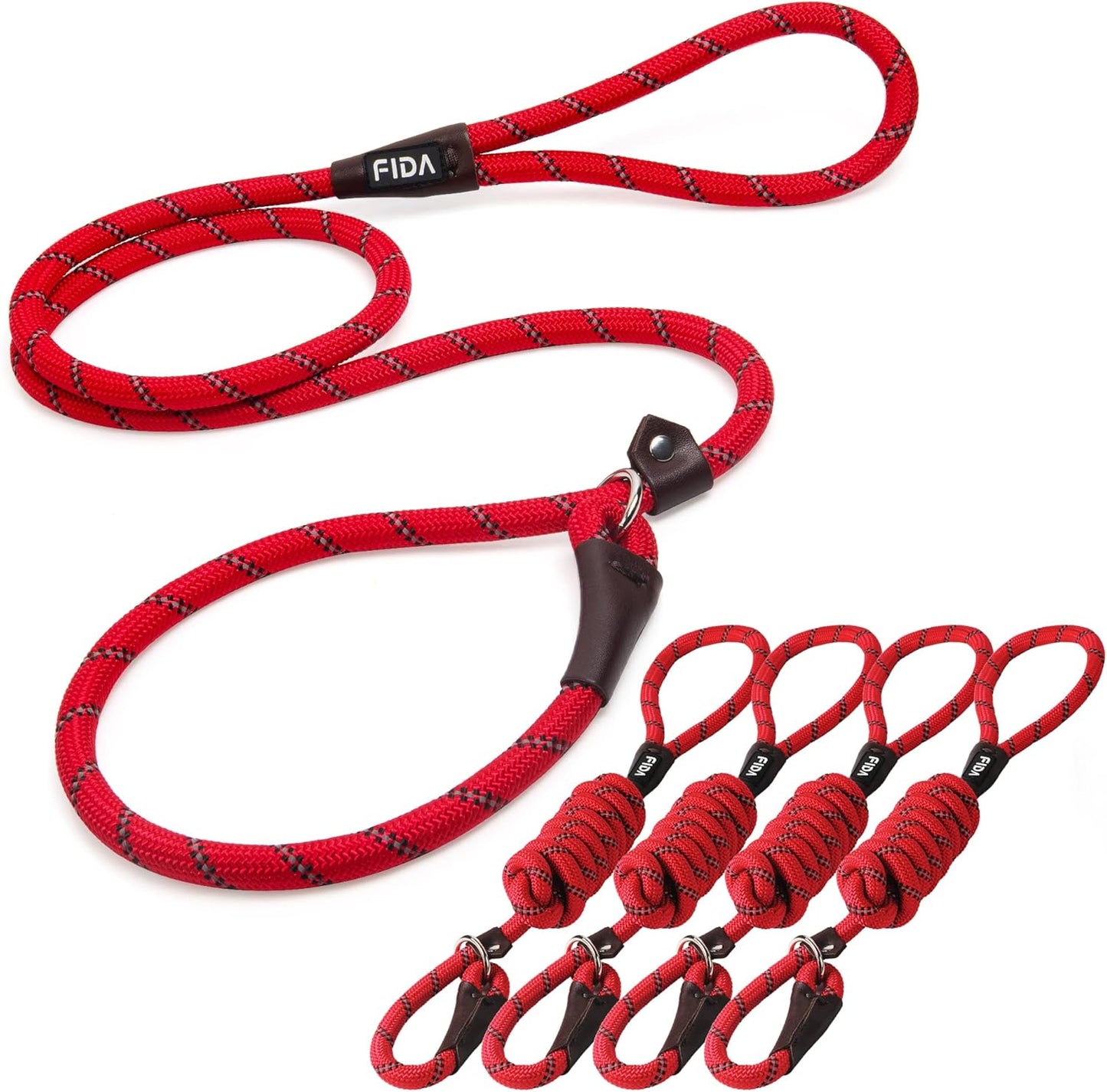 Fida Durable Slip Lead Bulk Pack of 5, Heavy Duty 1/2" x 6 FT Comfortable Strong Rope Slip Lead for Large, Medium & Small Dogs No Pulling Pet Training Leash with Highly Reflective Red