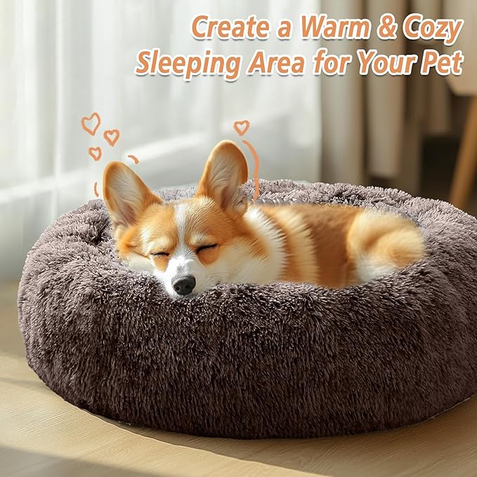 JOLLYVOGUE Calming Dog & Cat Bed for Small Dogs, Anti-Anxiety Donut Cuddler Cozy Soft Round Bed with Anti-Slip Bottom, Fluffy Faux Fur Plush Cushion Beds for Small Medium Pets (23")