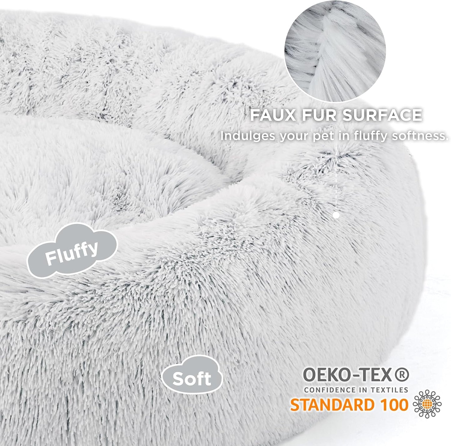 Bedsure Calming Dog Bed for Large Dogs - Donut Washable Large Pet Bed, 36 inches Anti-Slip Round Fluffy Plush Faux Fur Dog Bed, Fits up to 80 lbs Pets, Frost Grey