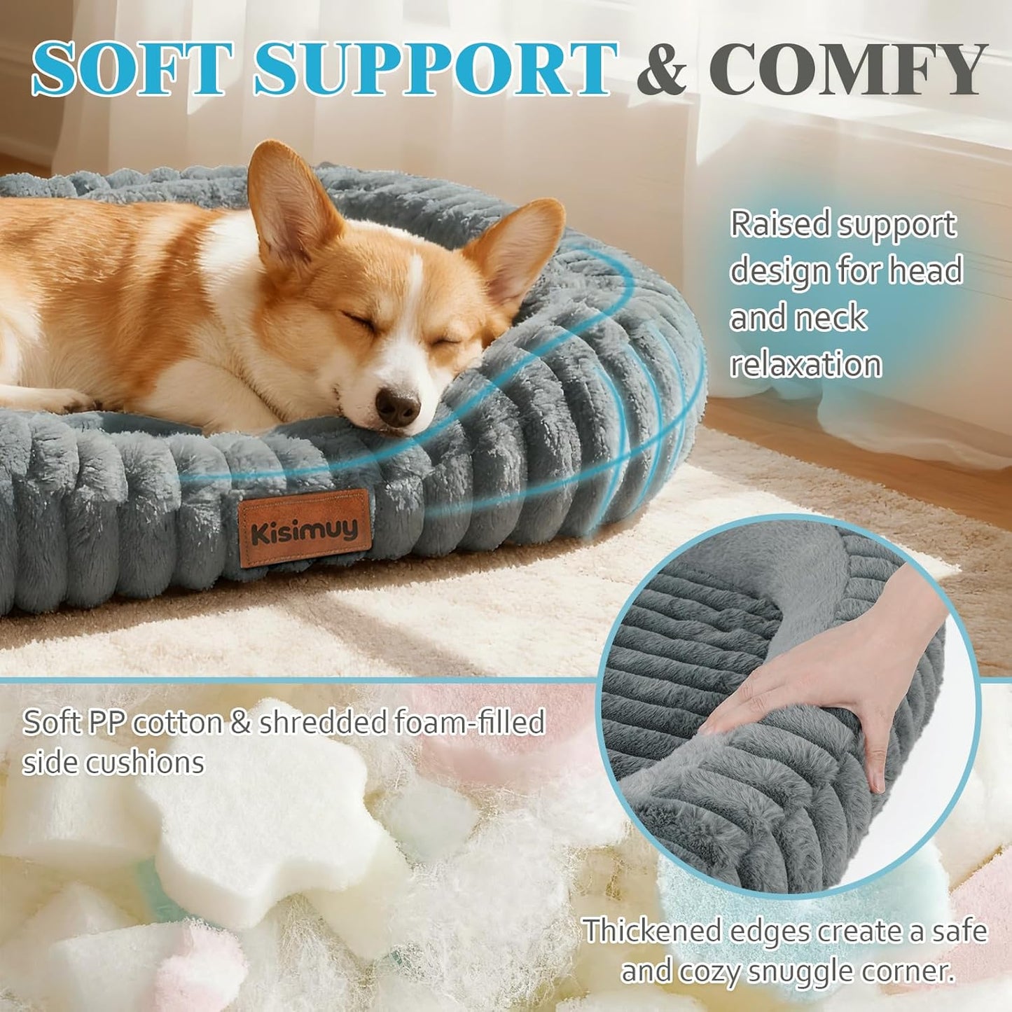 Cute Extra Large Dog Beds, XL Anti-Anxiety Grey Dog Bed with Removable Washable Cover and Anti-Slip Bottom, Comfy Calming Pet Crate Bed with Handle, 43x31x5inches