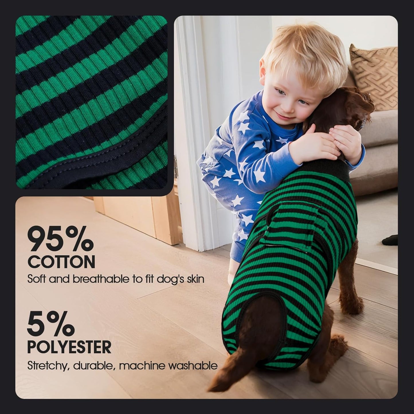 FUAMEY Recovery Suit for Dogs After Surgery,Soft Breathable Dog Bodysuit E-Collar & Cone Alternative Surgical Suit,Male Female Dog Neuter Spay Suits Anti Licking Wounds Onesie Green Black Stripes XS