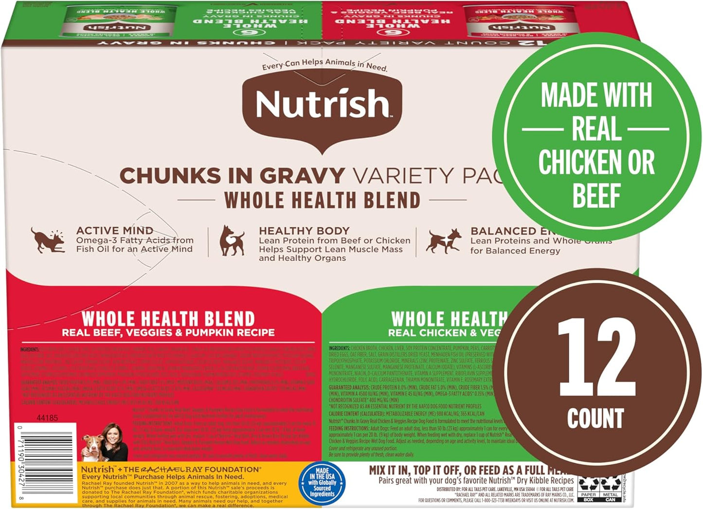 Nutrish Whole Health Blend Chunks in Gravy Variety Pack Wet Dog Food, 13 oz. Can, 12 Count (Rachael Ray)