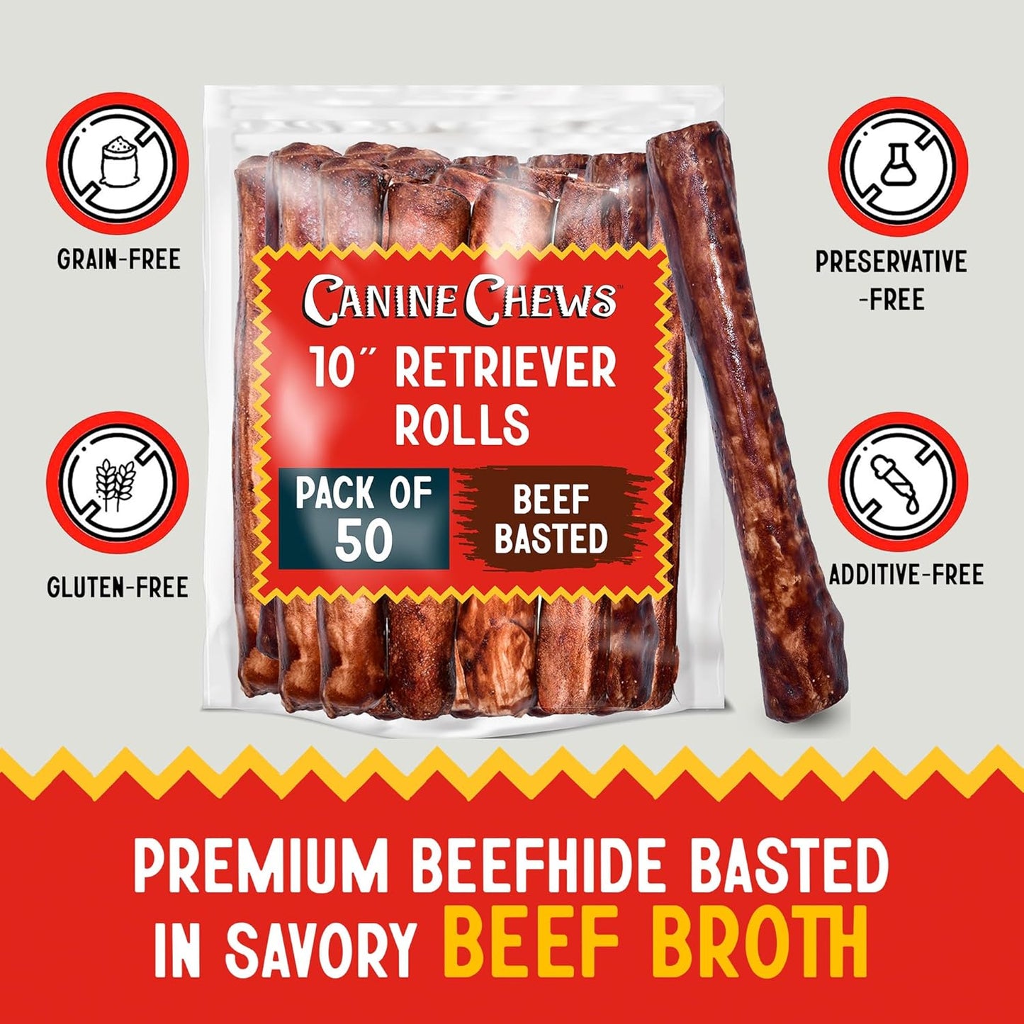 Canine Chews 10" Beef Basted Rawhide Bones for Large Dogs (50 Pack) - Hand-Rolled Dog Rawhide Chews Basted in Beef Broth - Beef Dog Rawhide Bones Promotes Dental Health - Hand-Rolled in Beef Broth