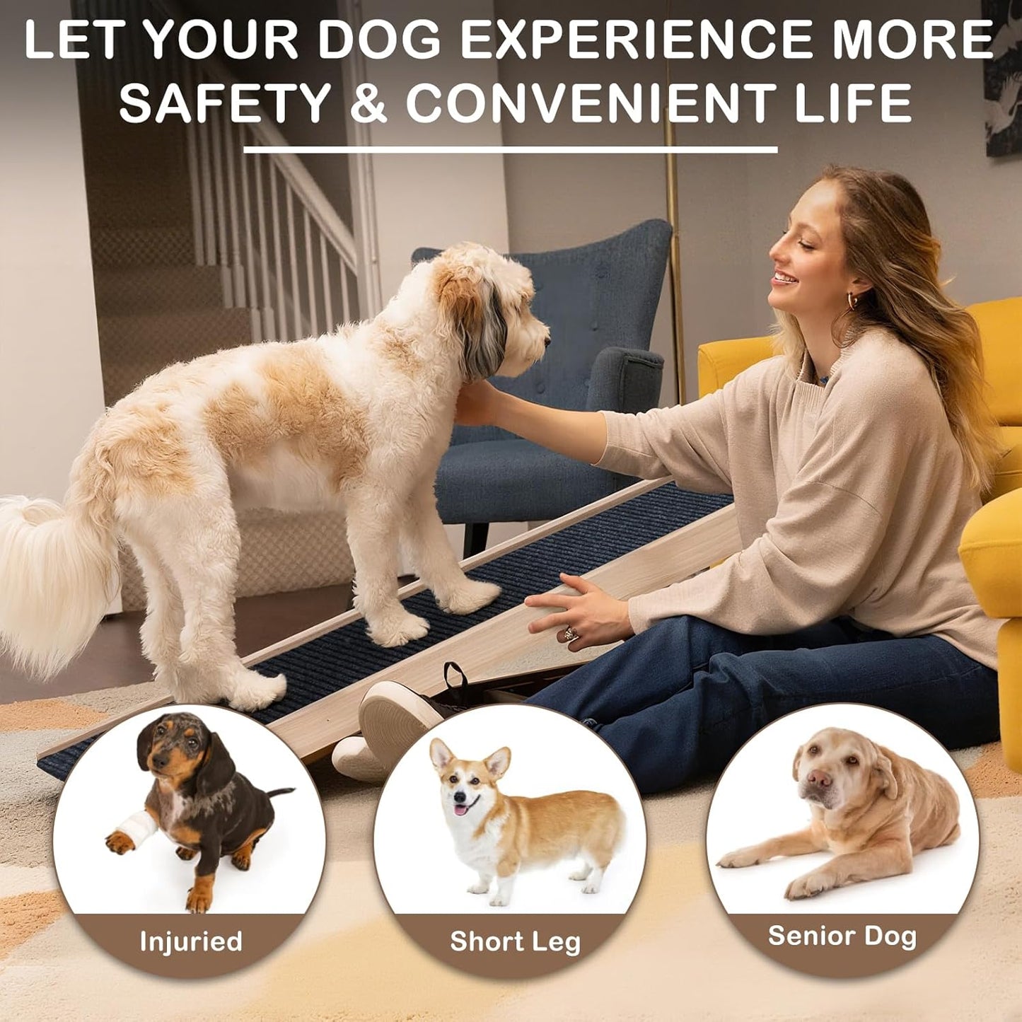 Folding Dog Ramp Safety, Wooden Adjustable Height Pet Ramps, Potable Dog Steps with Non-Slip Traction Mat, Dog Step for Bed, Dogs Stairs for SUV Car, Couch, Safe, Height Bed