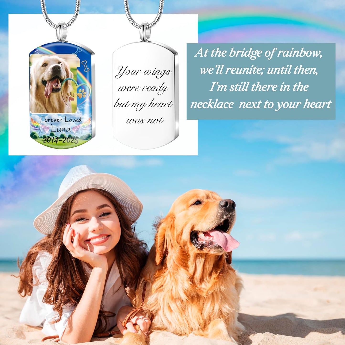 Fanery Sue Personalized Pet Ashes Necklace for Dog Cat Custom Photo&Text Pet Loss Sympathy Gift Cremation Jewelry