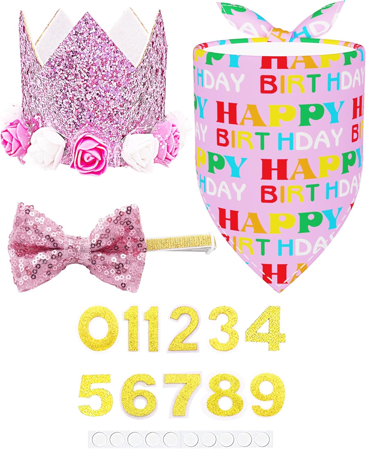 PET SHOW Pink Floral Hat, Bandana & Collar Bows Charms Set - Dog, Cat, Rabbit, Pig Birthday Gift - Reusable Adjustable Hat with 0-9 Figures, Pink for Girls - Apparel