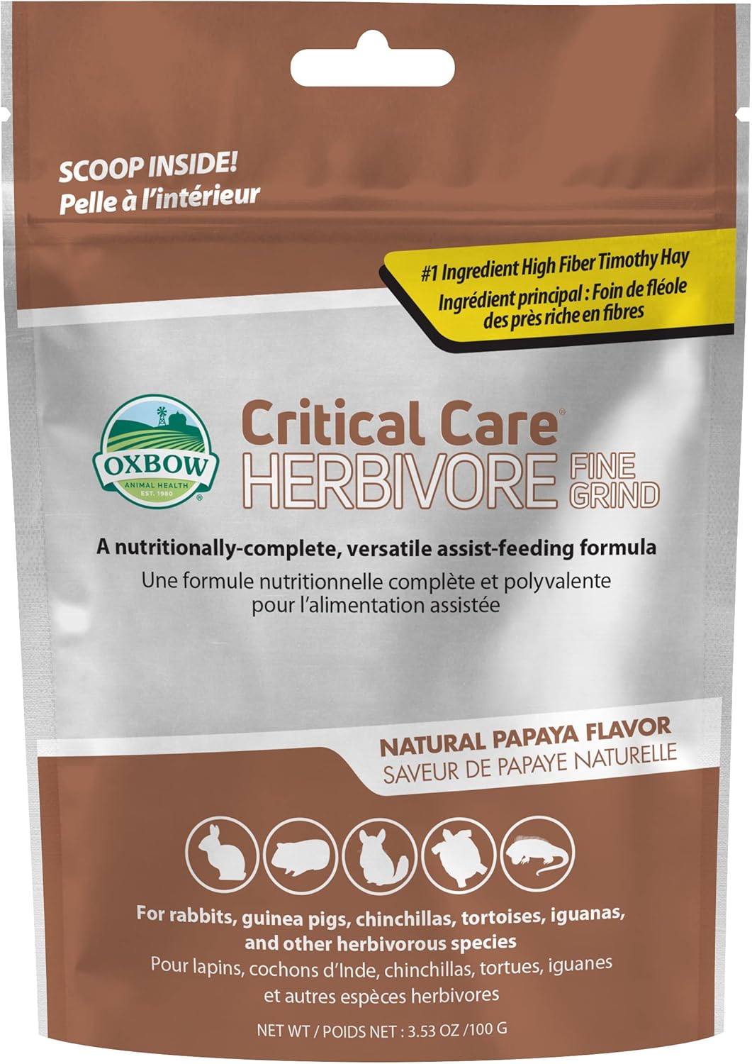 Oxbow Critical Care Herbivore, Fine Grind, Emergency Rabbit & Guinea Pig Food, Natural Papaya Flavor, Veterinary Formula, Critical Care Herbivore, Assist Feeding Formula for Pets, 100 gram bag