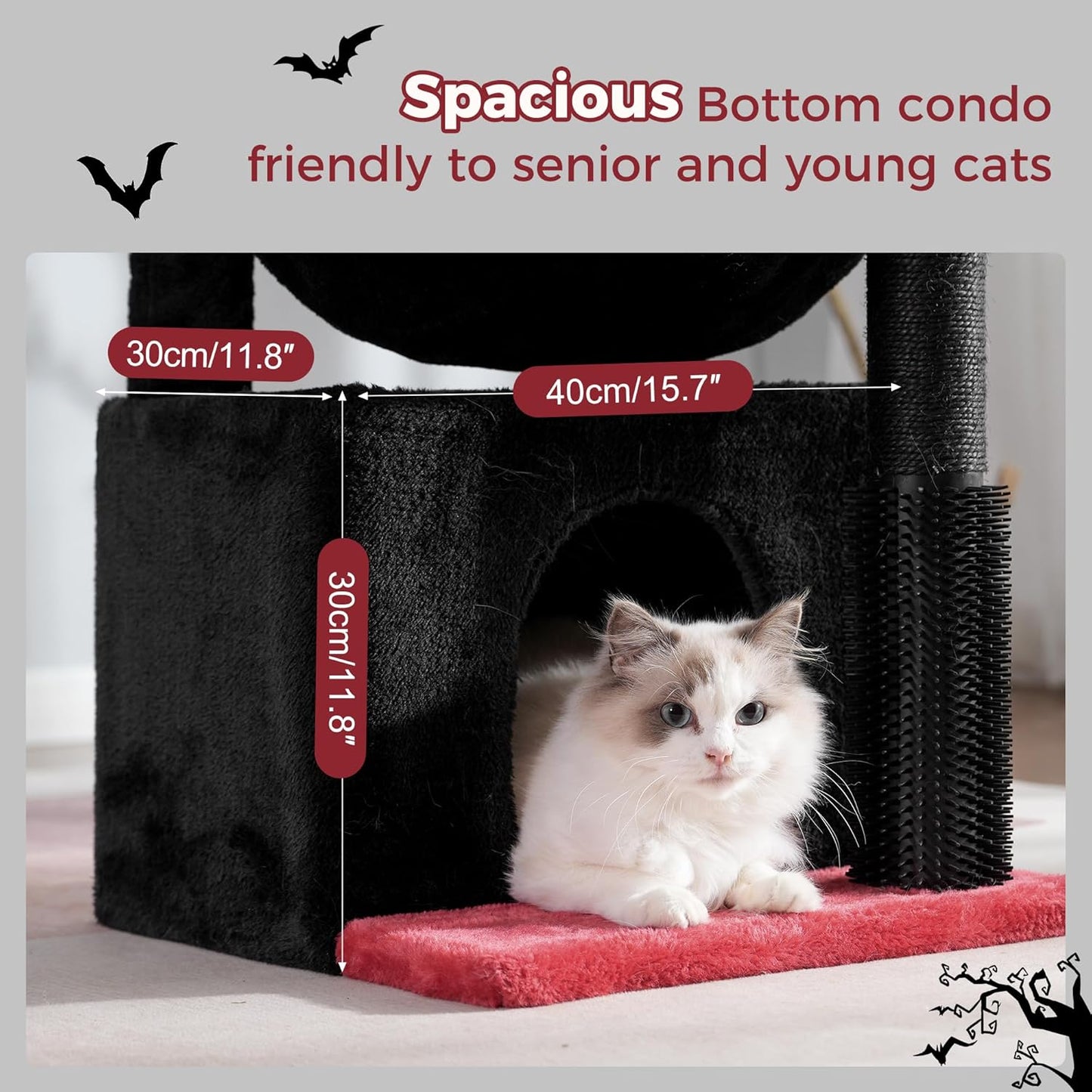 Gothic Cat Tree 32 Inches Small Cat Tree for Large Cats Adult Cat Tower with Scratching Post,15.7”Large Hammock and Self Groomer, and Removable Top Perch and Wide Condo for Indoor Cat-Gothic