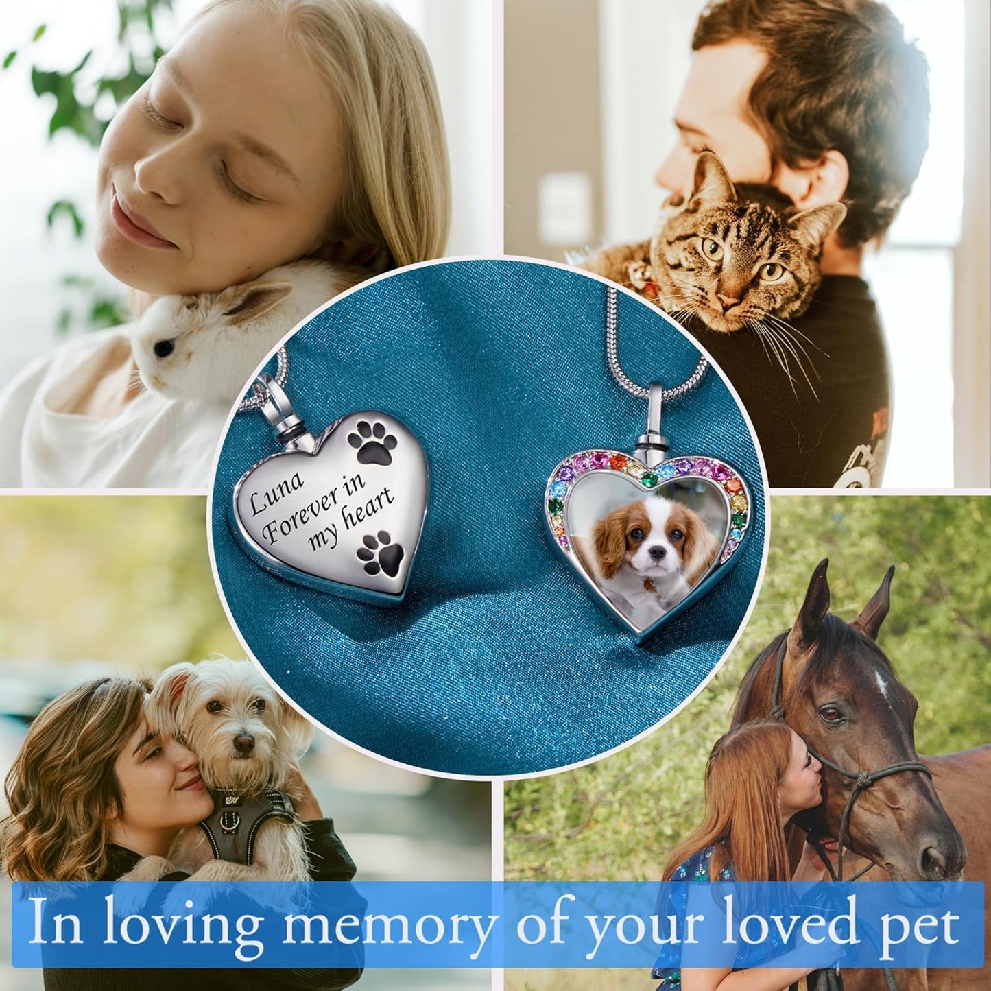 Fanery Sue Personalized Pet Ashes Necklace for Dog Cat Custom Photo&Text Pet Loss Sympathy Gift Cremation Jewelry
