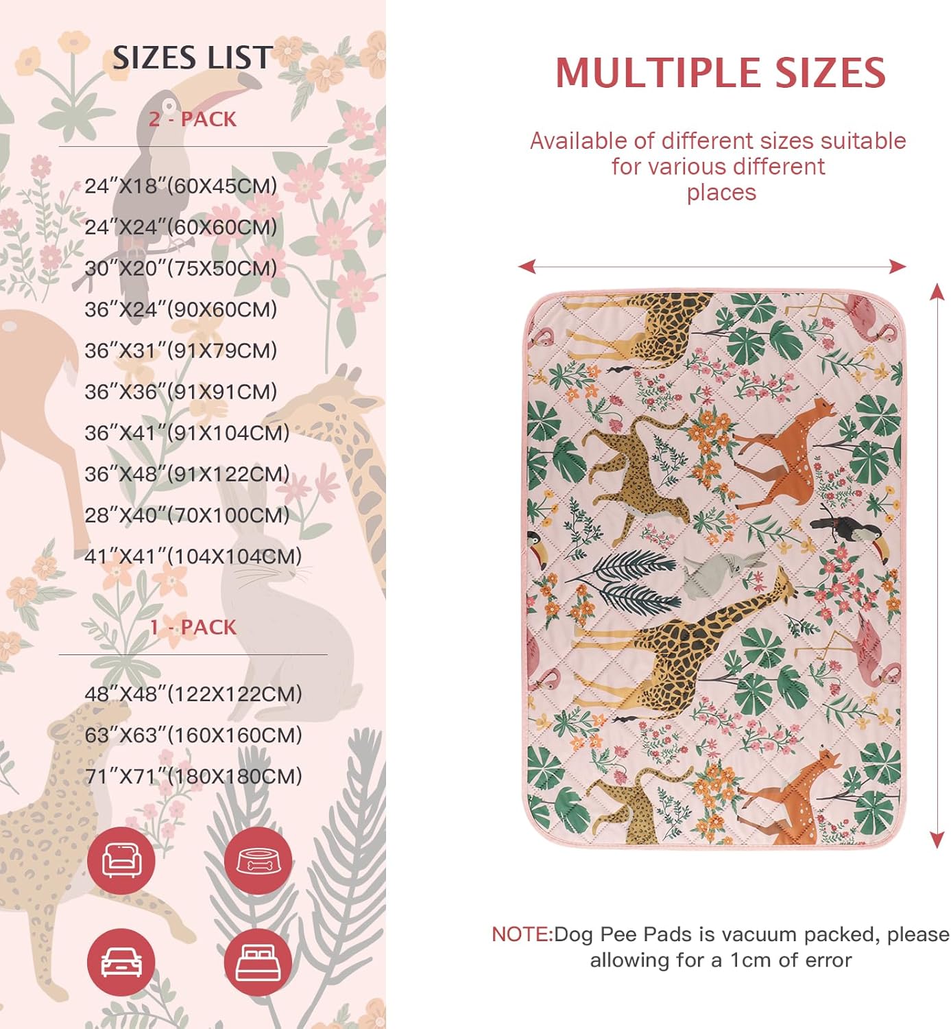 IEUUMLER Washable Pee Pads for Dogs, 2 Pack Forest Pattern Reusable Waterproof Puppy Pads, Non-Slip Super Absorbent Dog Training Pad for Playpen Crate Bed EU013 Pink Jungle, 40x28