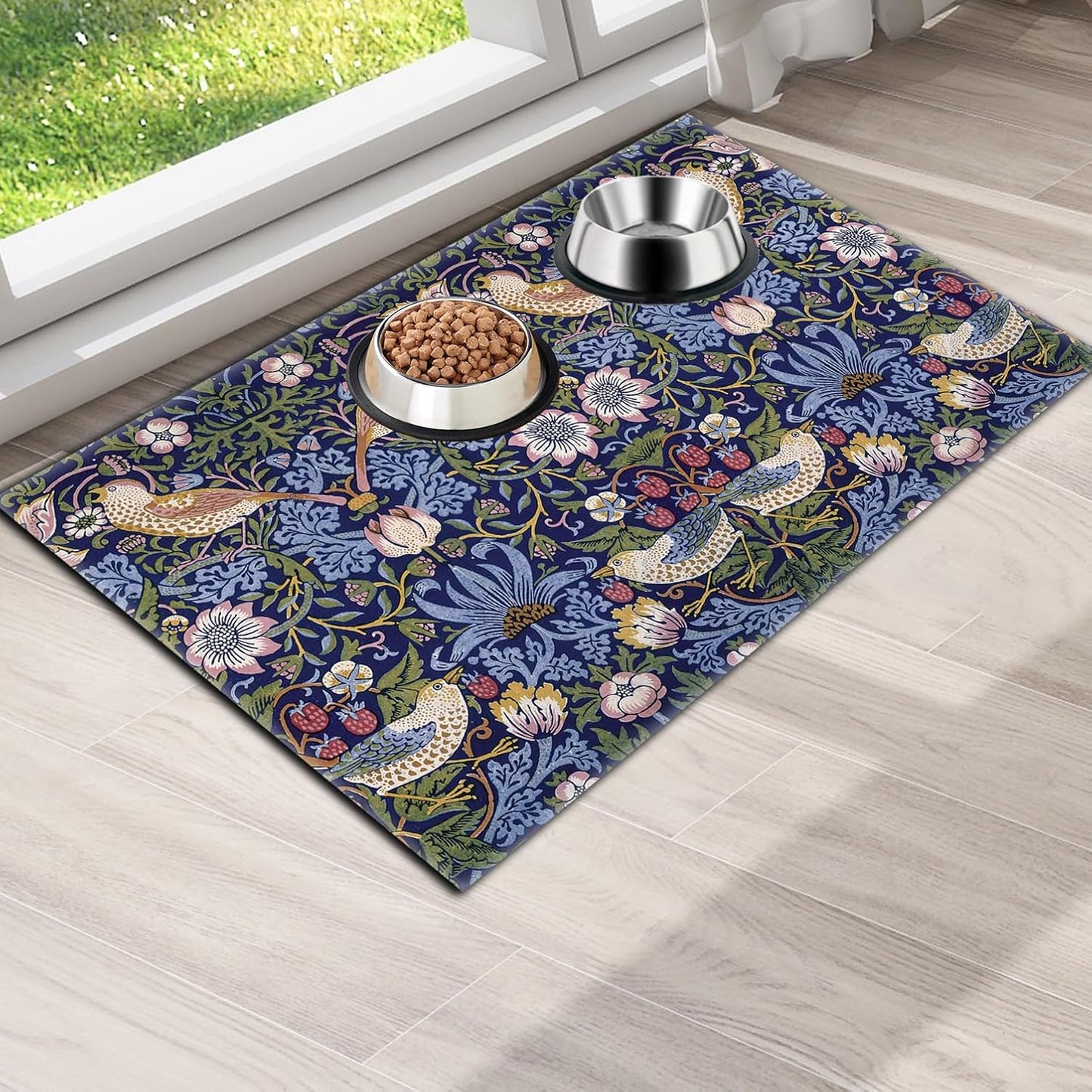 Pet Feeding Mat for Dogs and Cats - Super Absorbent Anti-Slip Bowl Pad, Eco-Friendly Washable Mat to Prevent Spills and Mess Retro Bird Mat 12"x20"