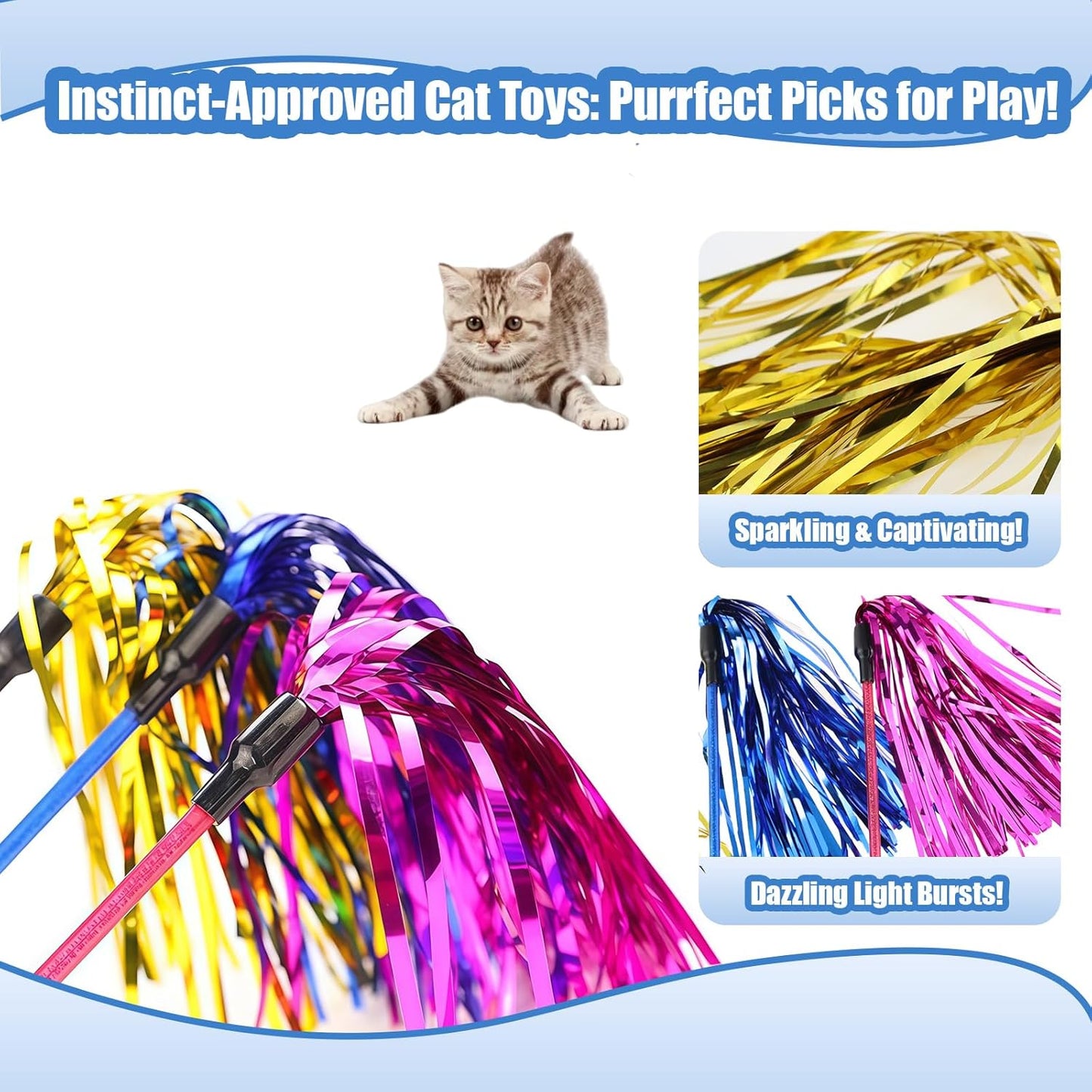 ADUCK Interactive Cat Teaser Wand Toy with Tassels - Durable Cat Chaser for Indoor Kitten Exercise, Boredom Relief & Training Play, Pack of 3 (Gold, Blue, Pink)